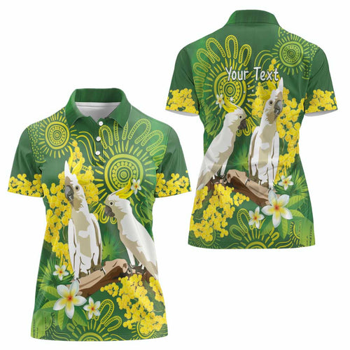 Personalised Australia Golden Wattle And Cacatua Galerita Women Polo Shirt Aboriginal Art