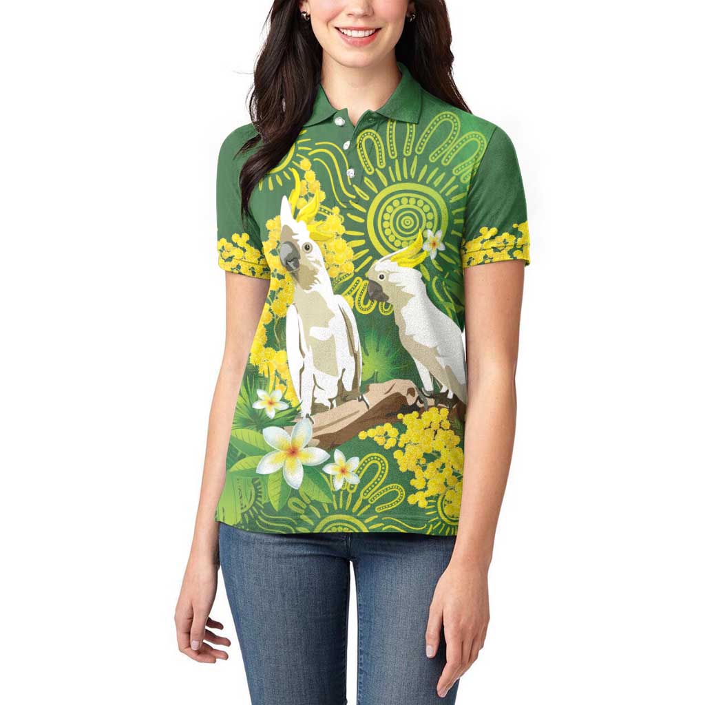 Personalised Australia Golden Wattle And Cacatua Galerita Women Polo Shirt Aboriginal Art