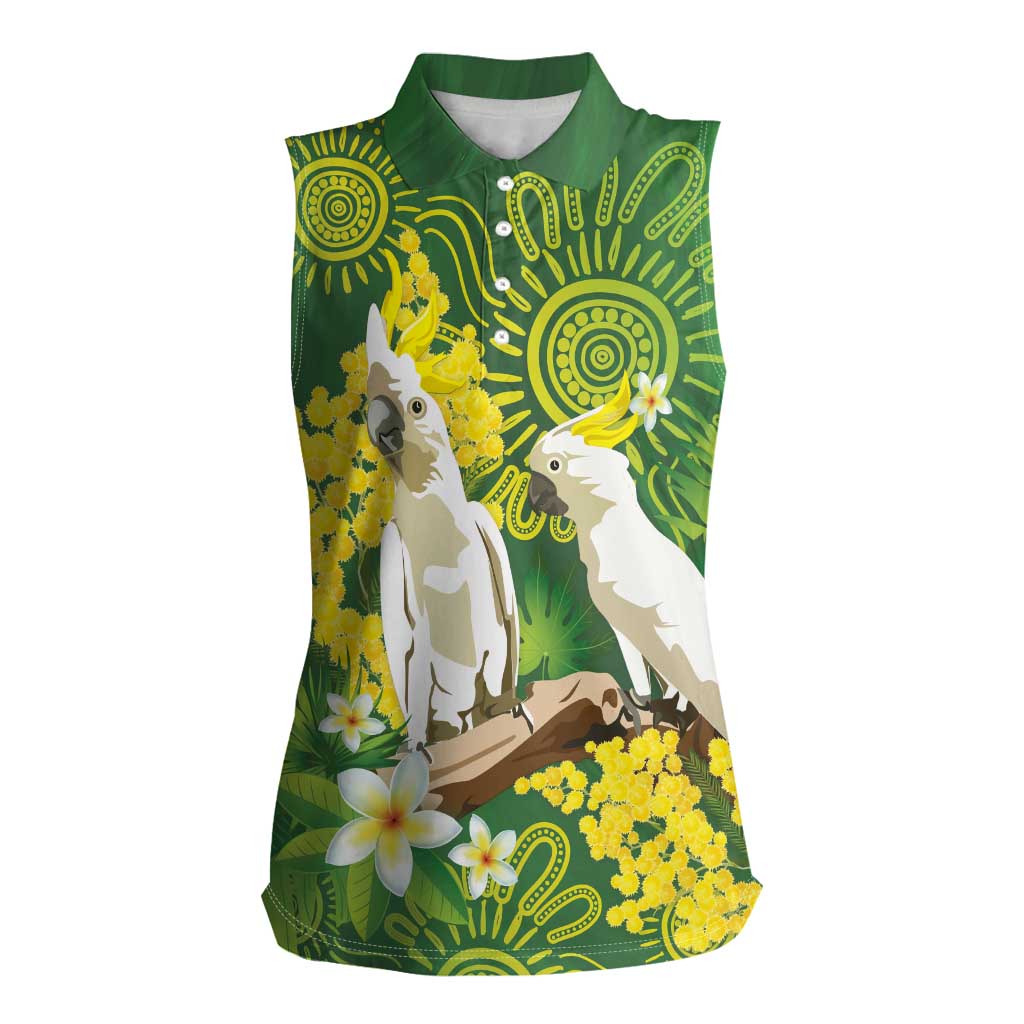 Personalised Australia Golden Wattle And Cacatua Galerita Women Sleeveless Polo Shirt Aboriginal Art