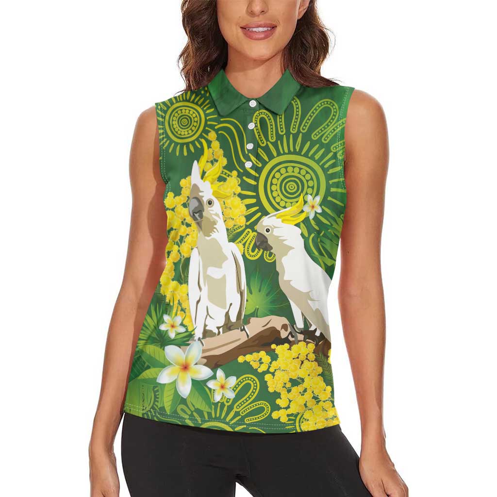 Personalised Australia Golden Wattle And Cacatua Galerita Women Sleeveless Polo Shirt Aboriginal Art