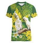 Personalised Australia Golden Wattle And Cacatua Galerita Women V-Neck T-Shirt Aboriginal Art