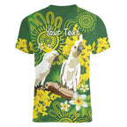 Personalised Australia Golden Wattle And Cacatua Galerita Women V-Neck T-Shirt Aboriginal Art