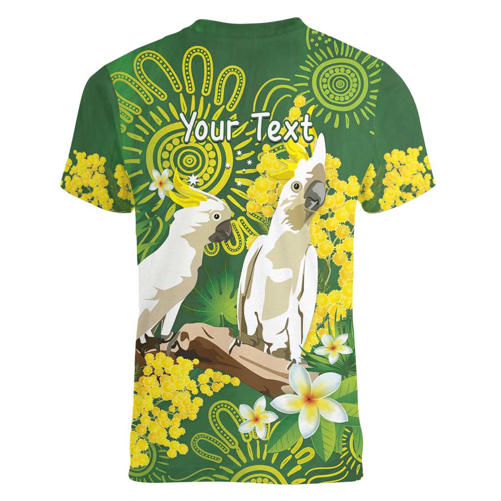 Personalised Australia Golden Wattle And Cacatua Galerita Women V-Neck T-Shirt Aboriginal Art