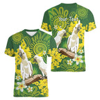 Personalised Australia Golden Wattle And Cacatua Galerita Women V-Neck T-Shirt Aboriginal Art