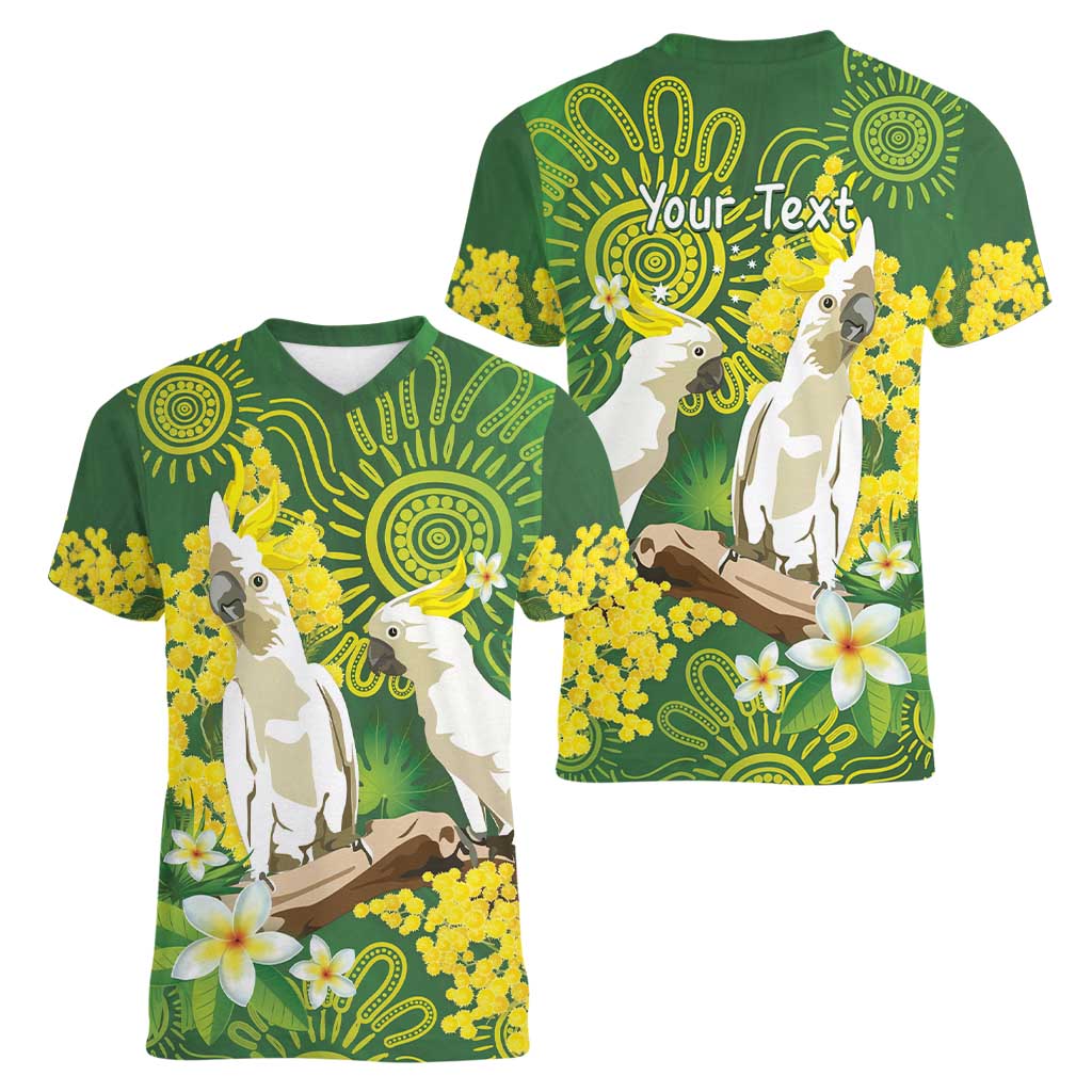 Personalised Australia Golden Wattle And Cacatua Galerita Women V-Neck T-Shirt Aboriginal Art