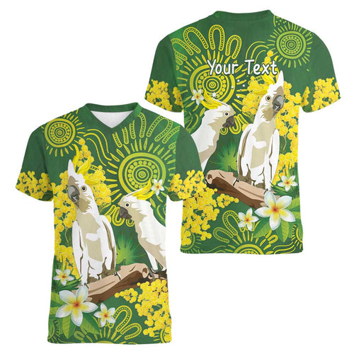 Personalised Australia Golden Wattle And Cacatua Galerita Women V-Neck T-Shirt Aboriginal Art