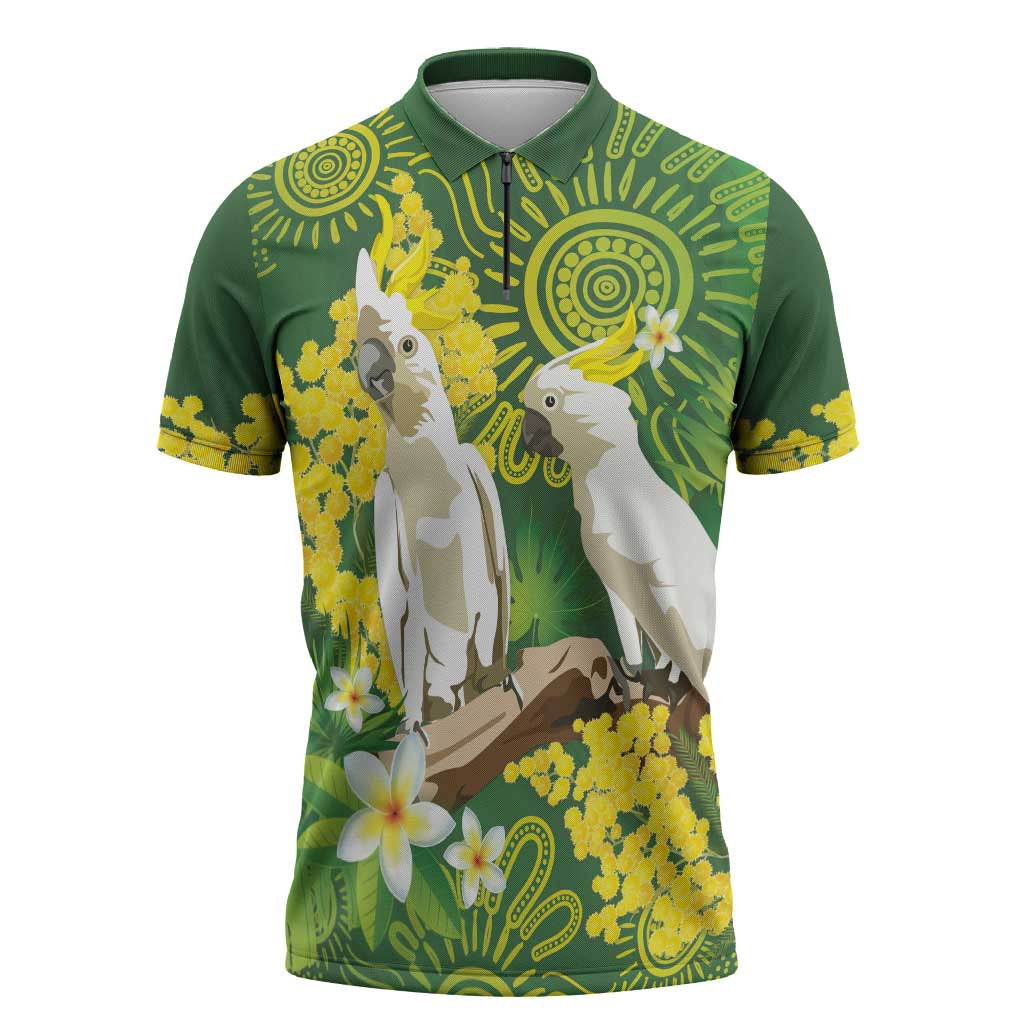 Personalised Australia Golden Wattle And Cacatua Galerita Zipper Polo Shirt Aboriginal Art - Aussie Hoodie