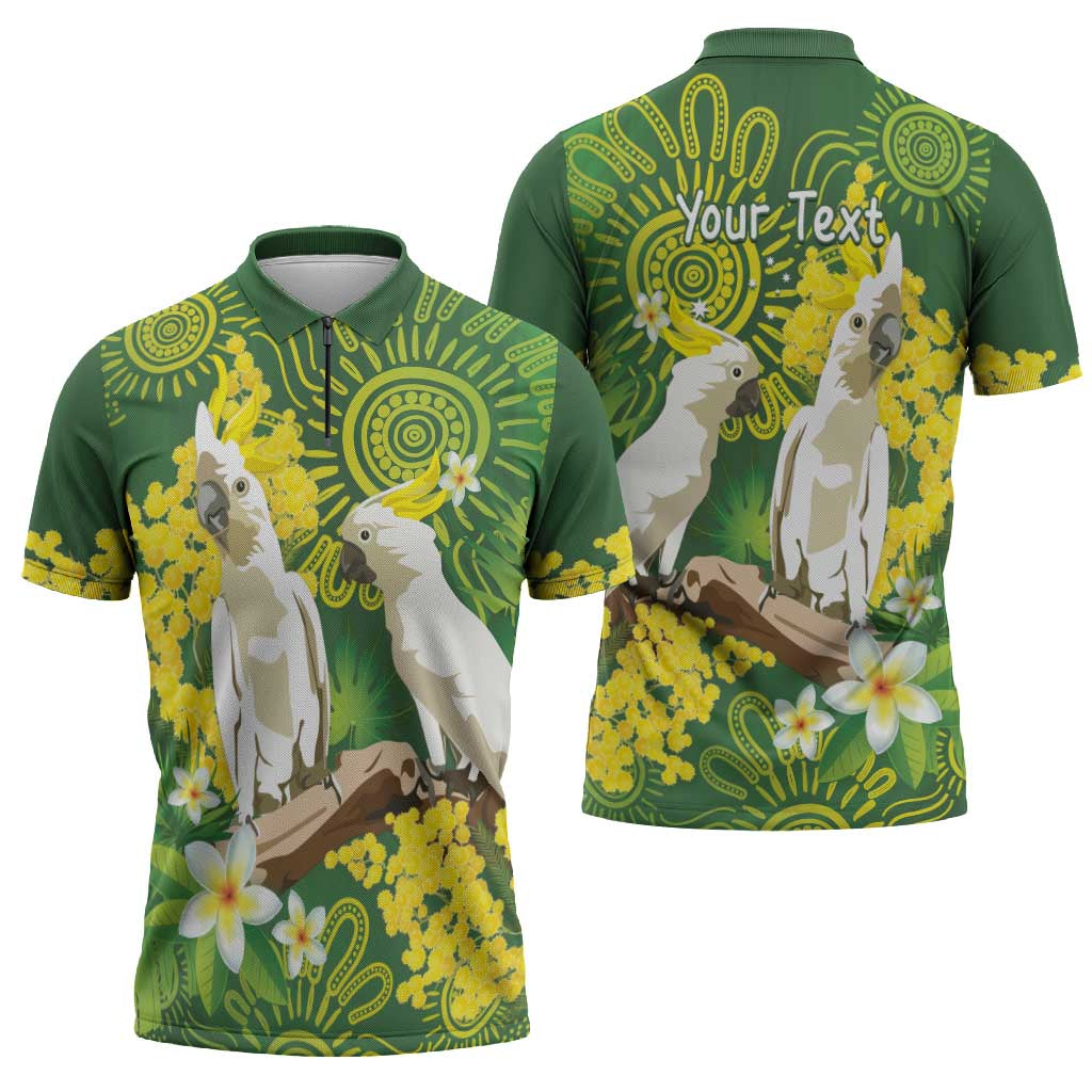 Personalised Australia Golden Wattle And Cacatua Galerita Zipper Polo Shirt Aboriginal Art - Aussie Hoodie