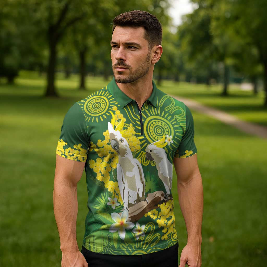 Personalised Australia Golden Wattle And Cacatua Galerita Zipper Polo Shirt Aboriginal Art - Aussie Hoodie