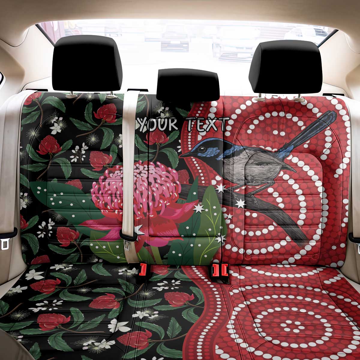 Personalised Australia Waratah And Superb Fairywren Back Car Seat Cover Aboriginal Art