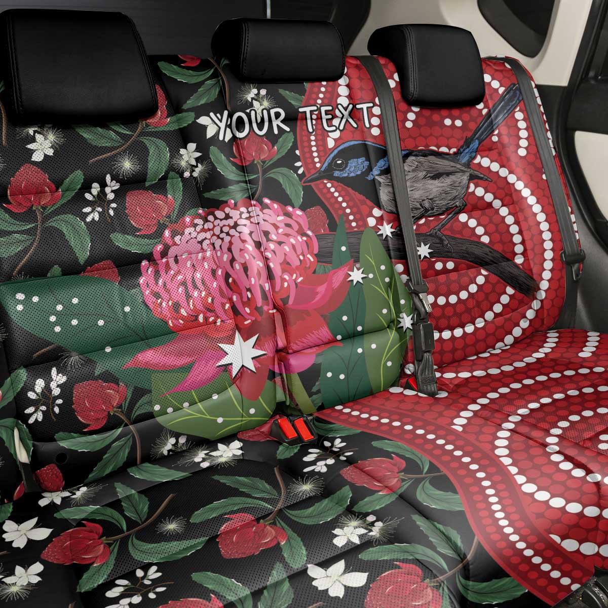 Personalised Australia Waratah And Superb Fairywren Back Car Seat Cover Aboriginal Art