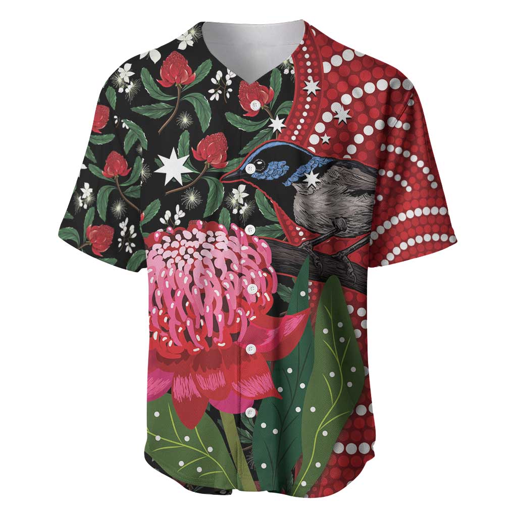 Personalised Australia Waratah And Superb Fairywren Baseball Jersey Aboriginal Art
