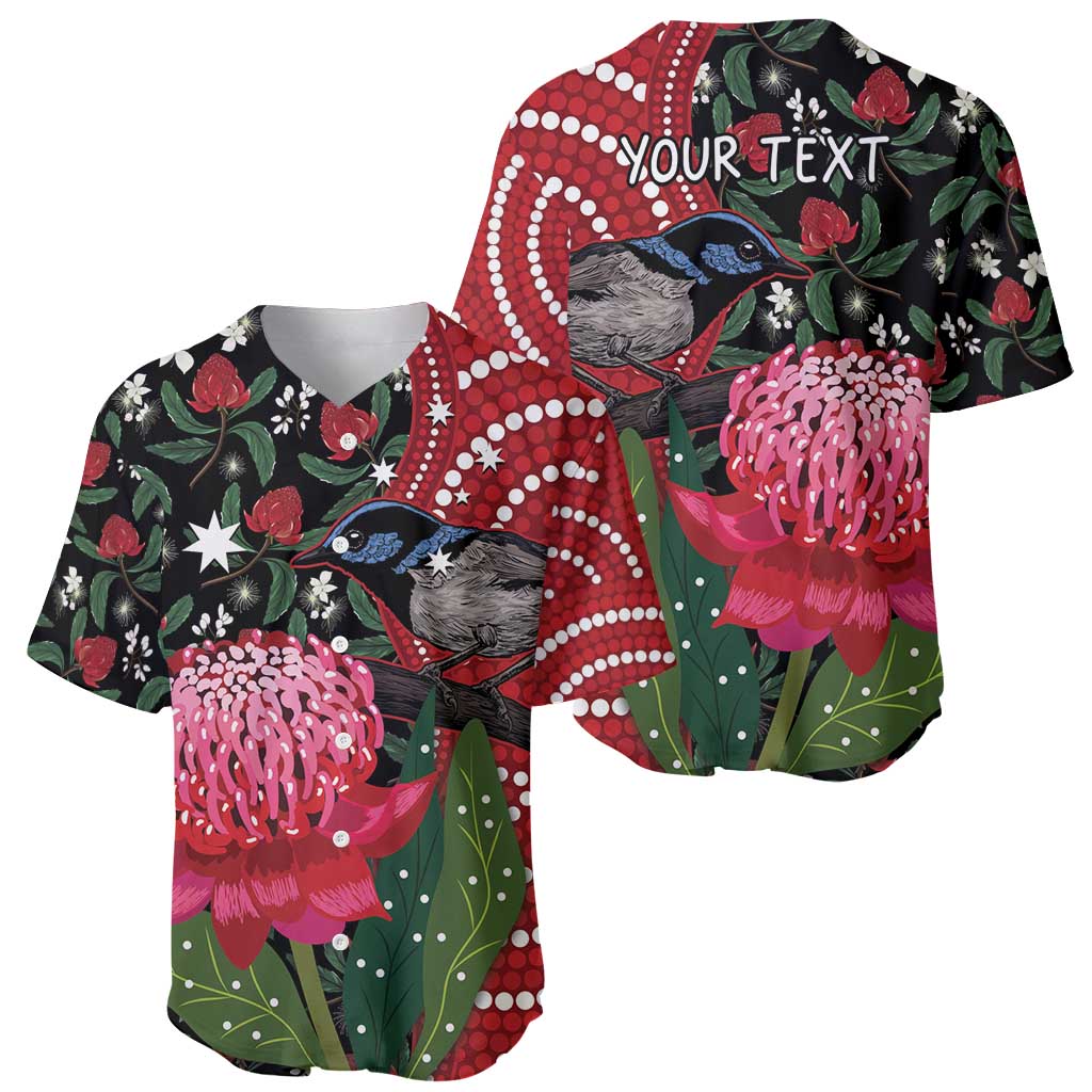 Personalised Australia Waratah And Superb Fairywren Baseball Jersey Aboriginal Art