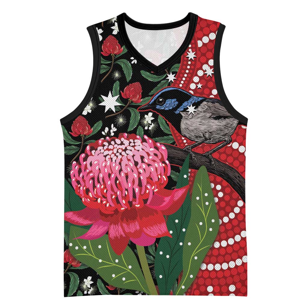 Personalised Australia Waratah And Superb Fairywren Basketball Jersey Aboriginal Art - Aussie Hoodie