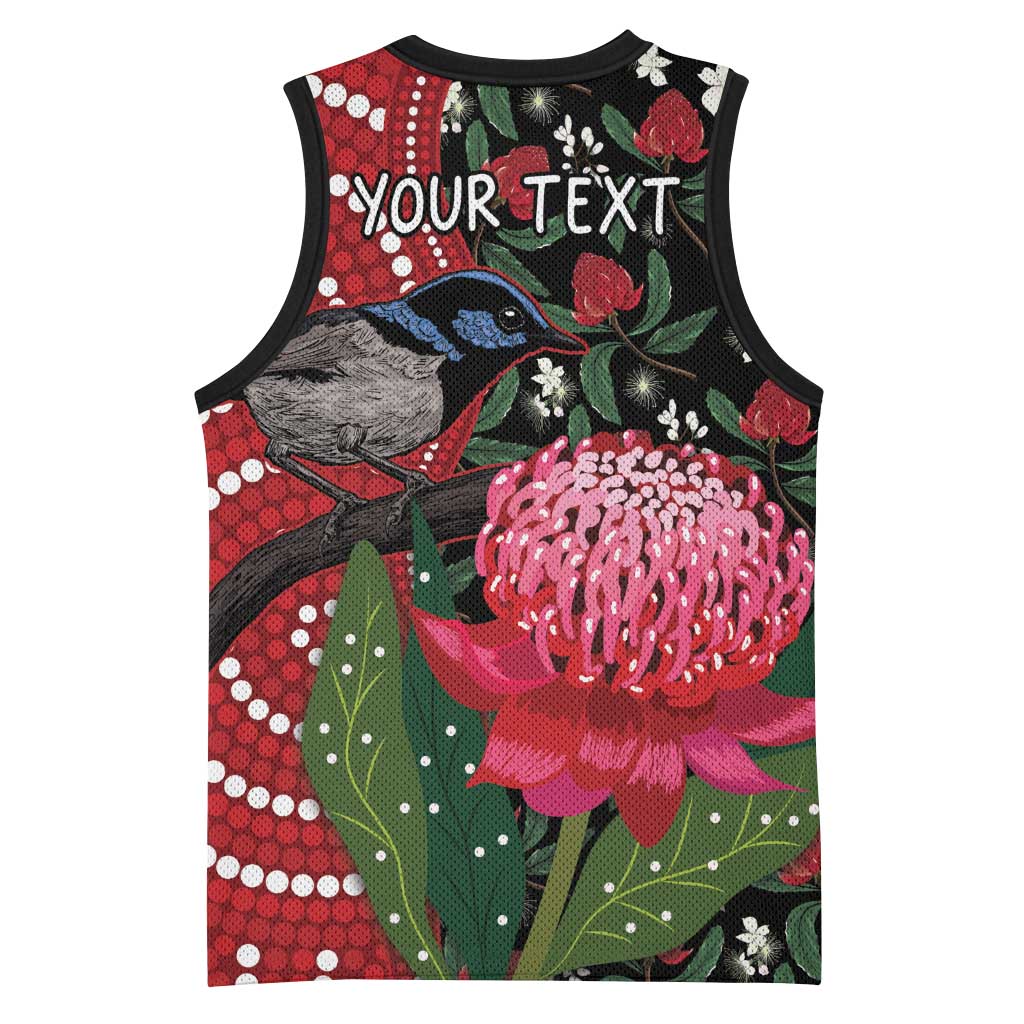 Personalised Australia Waratah And Superb Fairywren Basketball Jersey Aboriginal Art - Aussie Hoodie