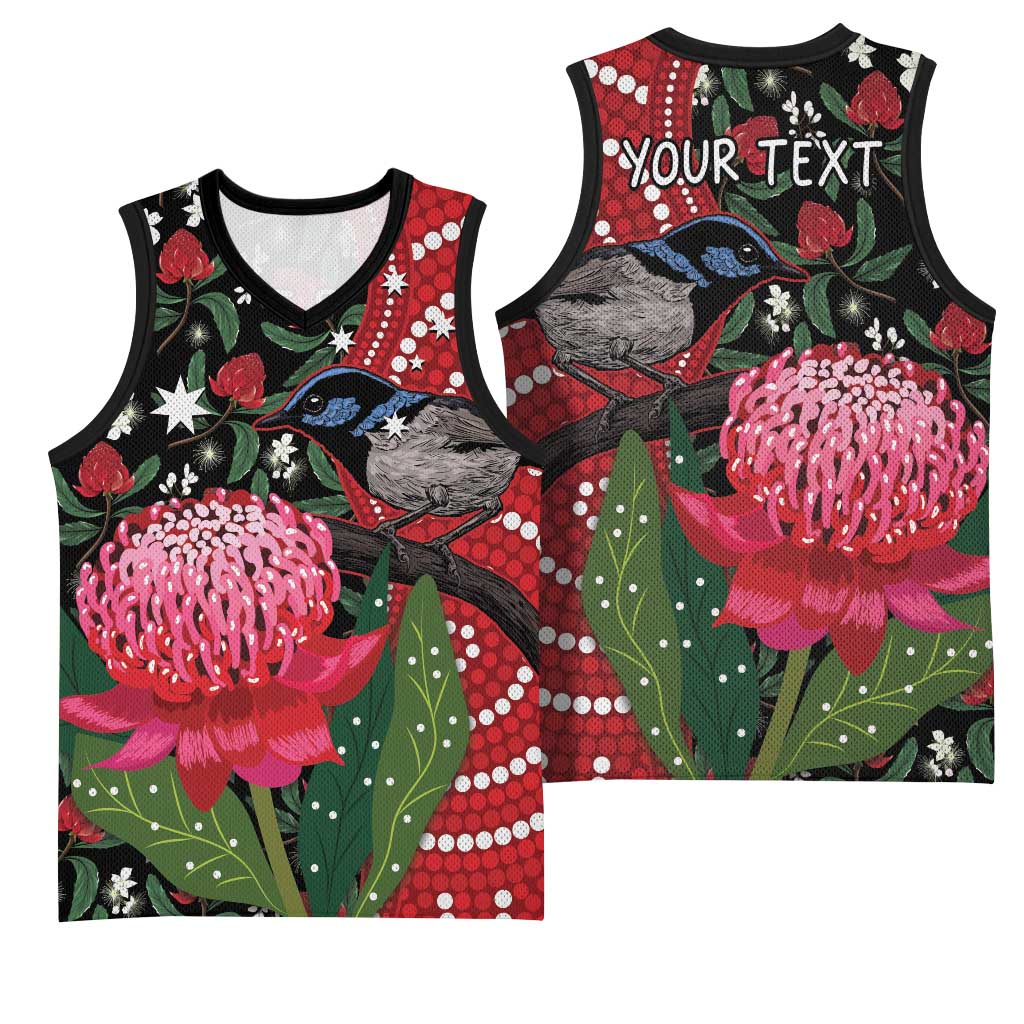 Personalised Australia Waratah And Superb Fairywren Basketball Jersey Aboriginal Art - Aussie Hoodie