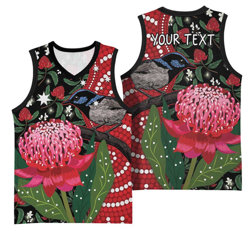 Personalised Australia Waratah And Superb Fairywren Basketball Jersey Aboriginal Art - Aussie Hoodie