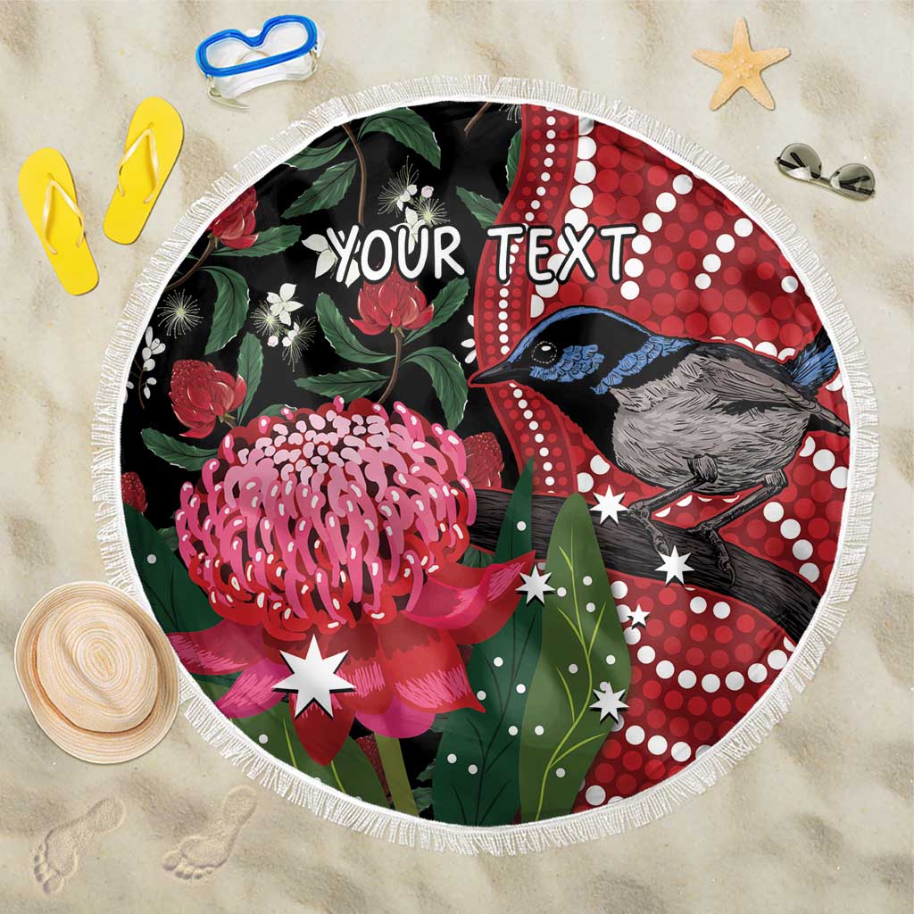 Personalised Australia Waratah And Superb Fairywren Beach Blanket Aboriginal Art