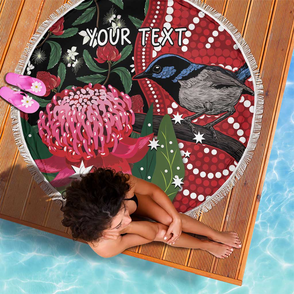 Personalised Australia Waratah And Superb Fairywren Beach Blanket Aboriginal Art