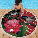 Personalised Australia Waratah And Superb Fairywren Beach Blanket Aboriginal Art