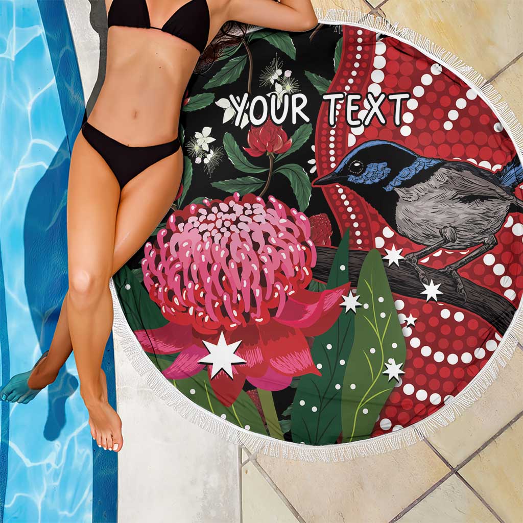 Personalised Australia Waratah And Superb Fairywren Beach Blanket Aboriginal Art