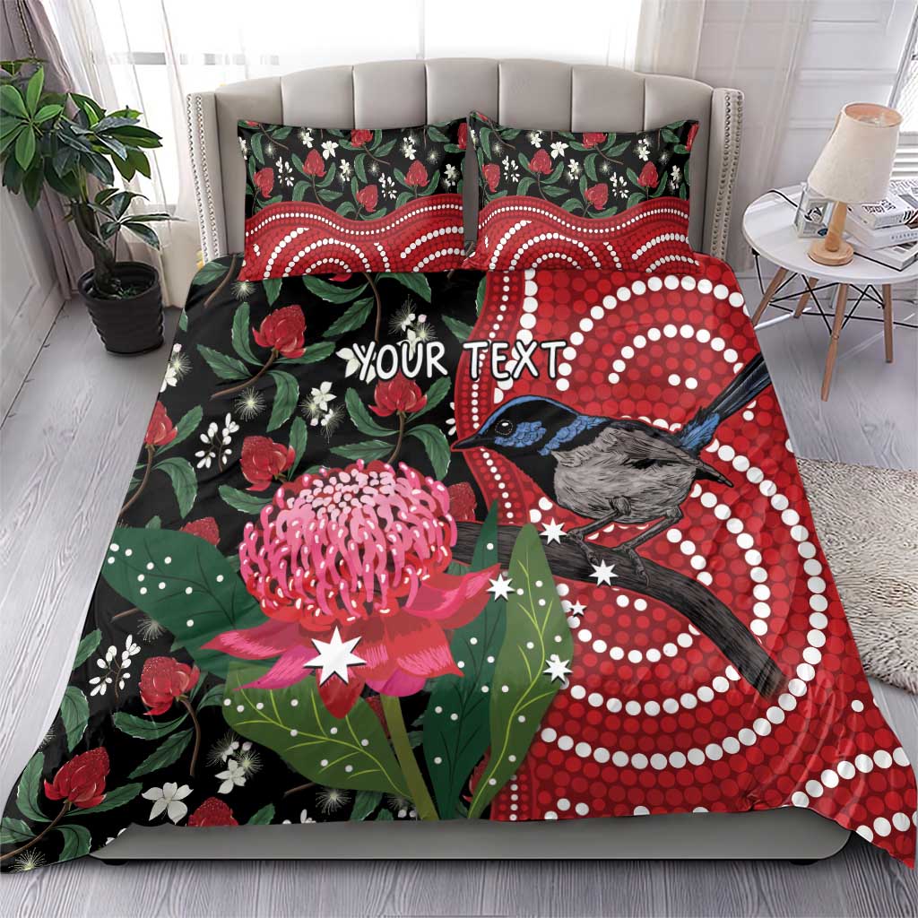 Personalised Australia Waratah And Superb Fairywren Bedding Set Aboriginal Art