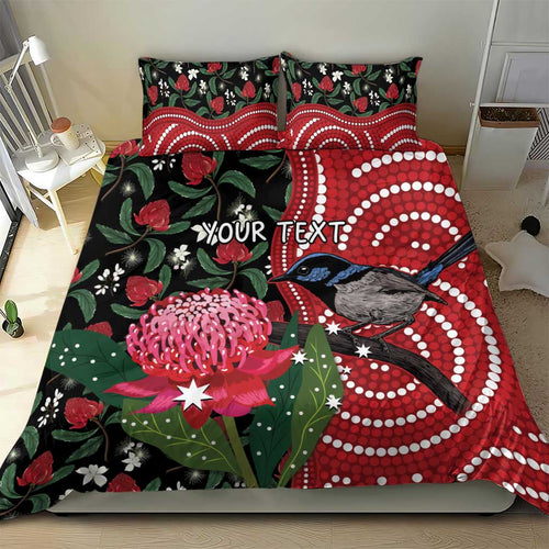 Personalised Australia Waratah And Superb Fairywren Bedding Set Aboriginal Art