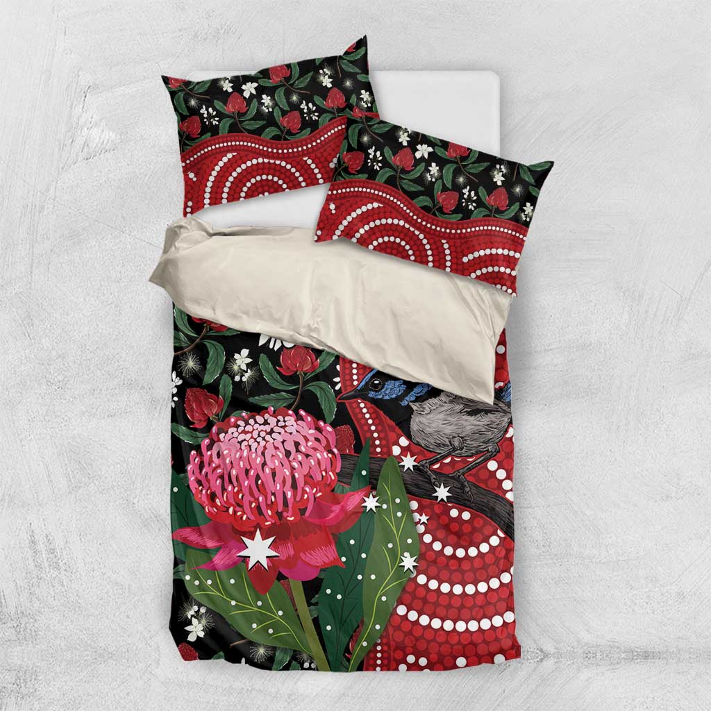 Personalised Australia Waratah And Superb Fairywren Bedding Set Aboriginal Art