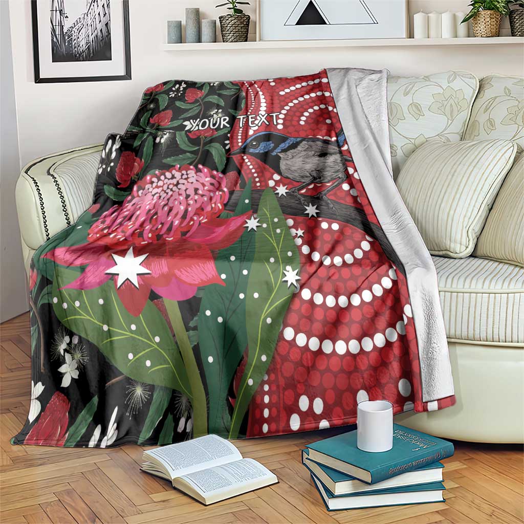 Personalised Australia Waratah And Superb Fairywren Blanket Aboriginal Art