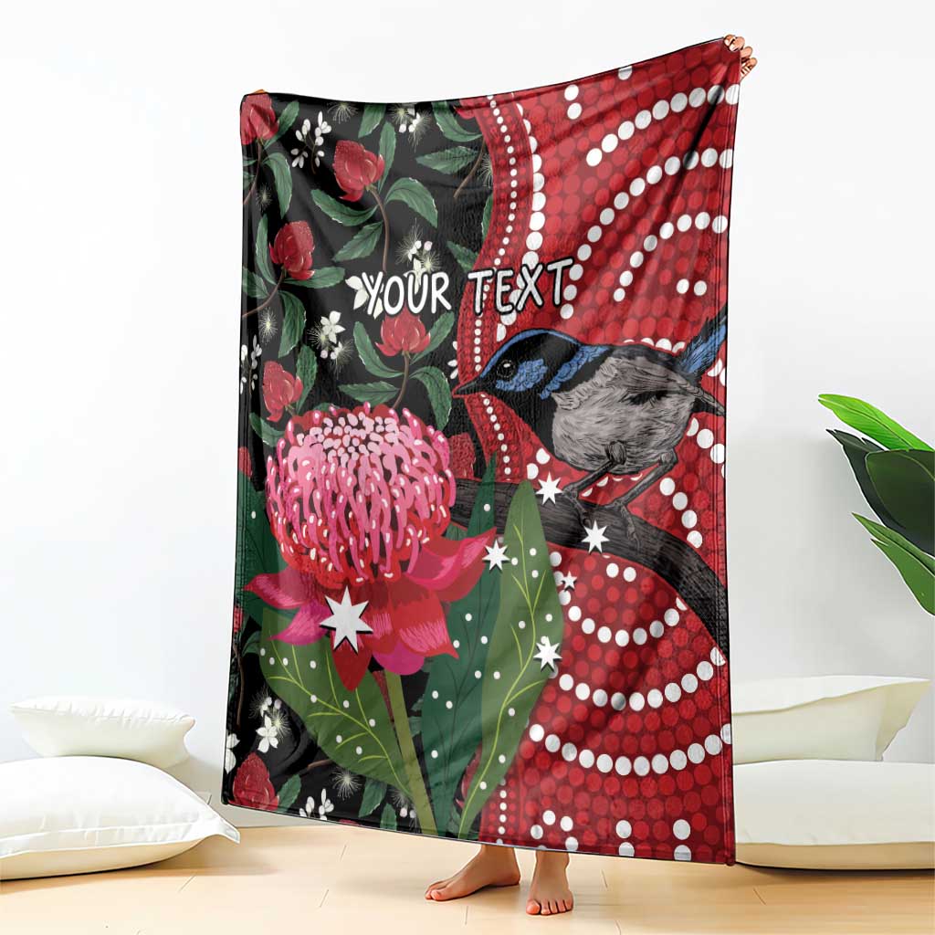 Personalised Australia Waratah And Superb Fairywren Blanket Aboriginal Art