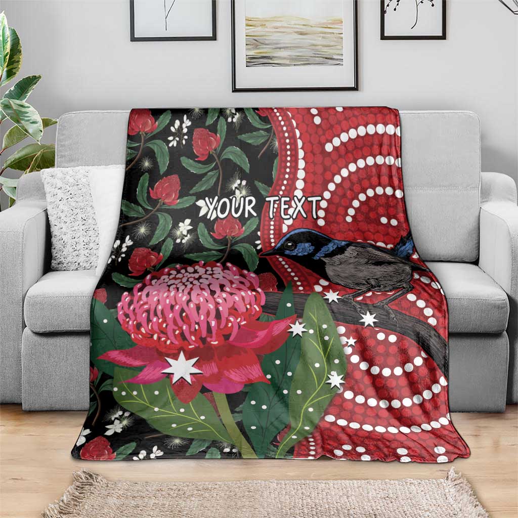 Personalised Australia Waratah And Superb Fairywren Blanket Aboriginal Art