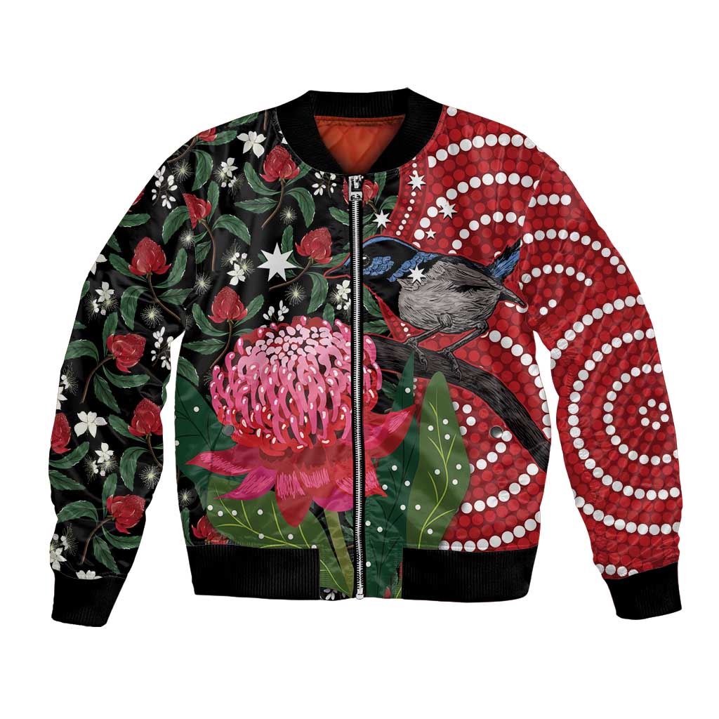 Personalised Australia Waratah And Superb Fairywren Bomber Jacket Aboriginal Art