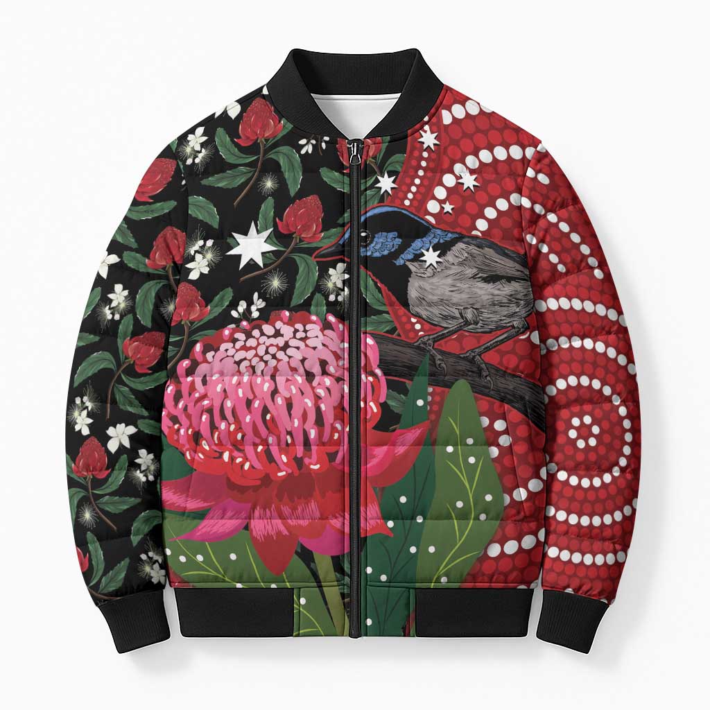 Personalised Australia Waratah And Superb Fairywren Bomber Puffer Jacket Aboriginal Art - Aussie Hoodie