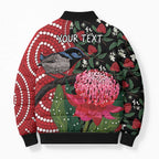Personalised Australia Waratah And Superb Fairywren Bomber Puffer Jacket Aboriginal Art - Aussie Hoodie