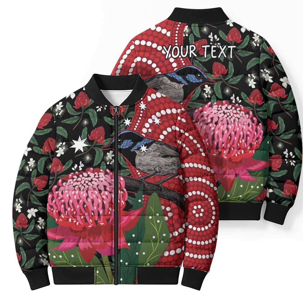 Personalised Australia Waratah And Superb Fairywren Bomber Puffer Jacket Aboriginal Art - Aussie Hoodie