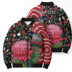 Personalised Australia Waratah And Superb Fairywren Bomber Puffer Jacket Aboriginal Art - Aussie Hoodie