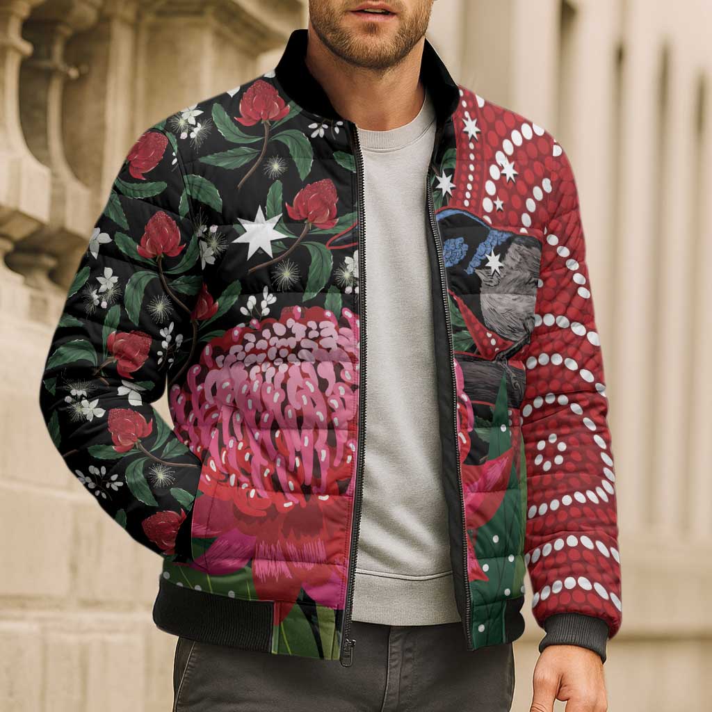 Personalised Australia Waratah And Superb Fairywren Bomber Puffer Jacket Aboriginal Art - Aussie Hoodie