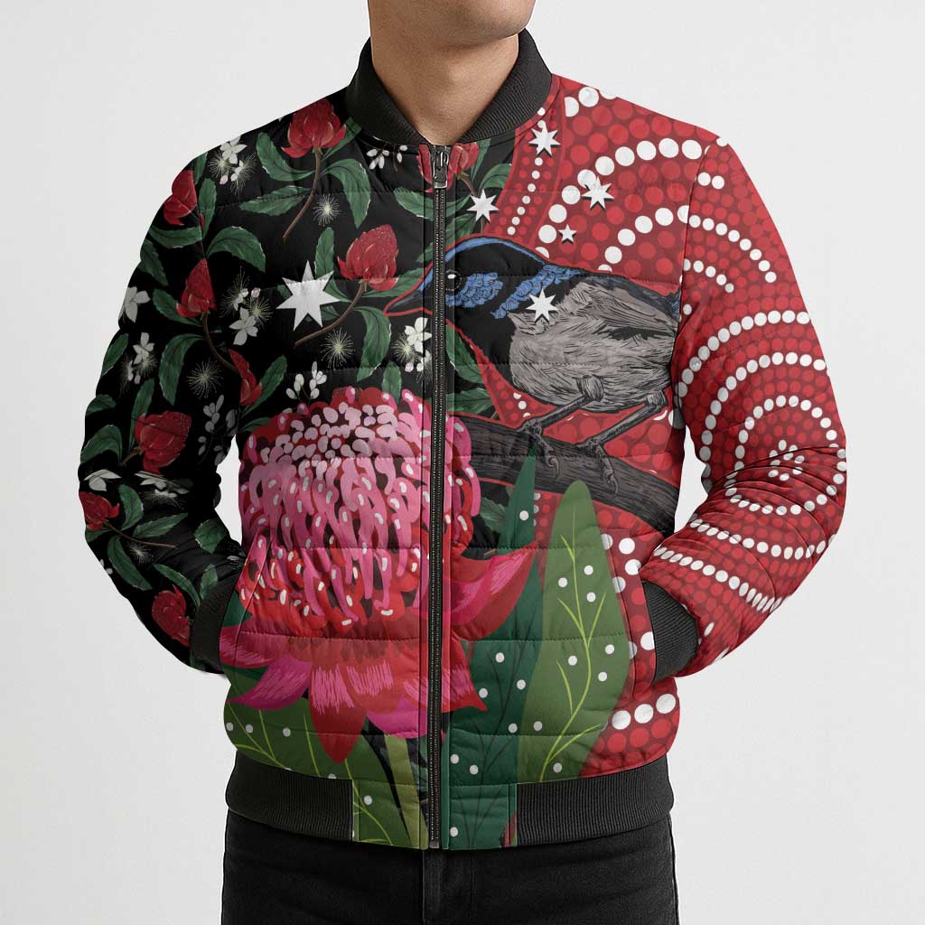 Personalised Australia Waratah And Superb Fairywren Bomber Puffer Jacket Aboriginal Art - Aussie Hoodie