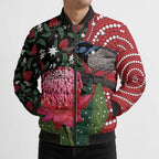 Personalised Australia Waratah And Superb Fairywren Bomber Puffer Jacket Aboriginal Art - Aussie Hoodie