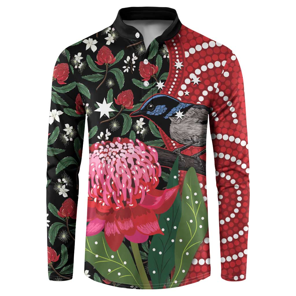 Personalised Australia Waratah And Superb Fairywren Button Sweatshirt Aboriginal Art