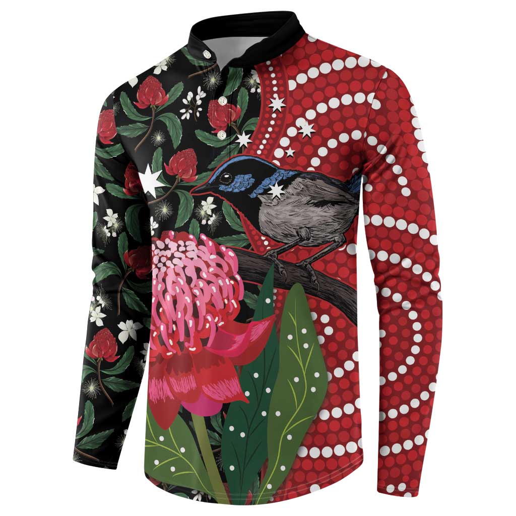 Personalised Australia Waratah And Superb Fairywren Button Sweatshirt Aboriginal Art