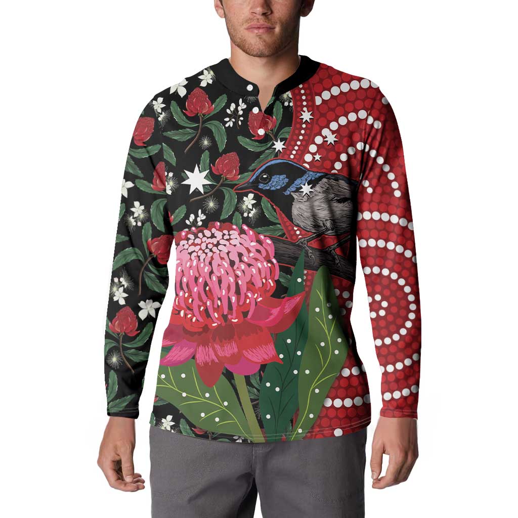 Personalised Australia Waratah And Superb Fairywren Button Sweatshirt Aboriginal Art