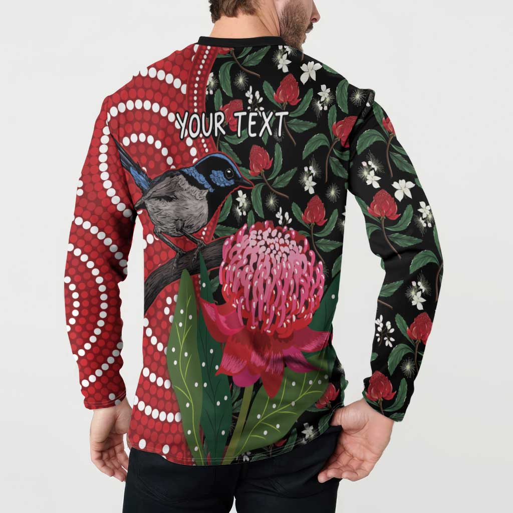 Personalised Australia Waratah And Superb Fairywren Button Sweatshirt Aboriginal Art