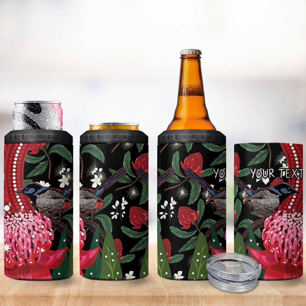 Personalised Australia Waratah With Superb Fairywren 4 in 1 Can Cooler Tumbler Aboriginal Art