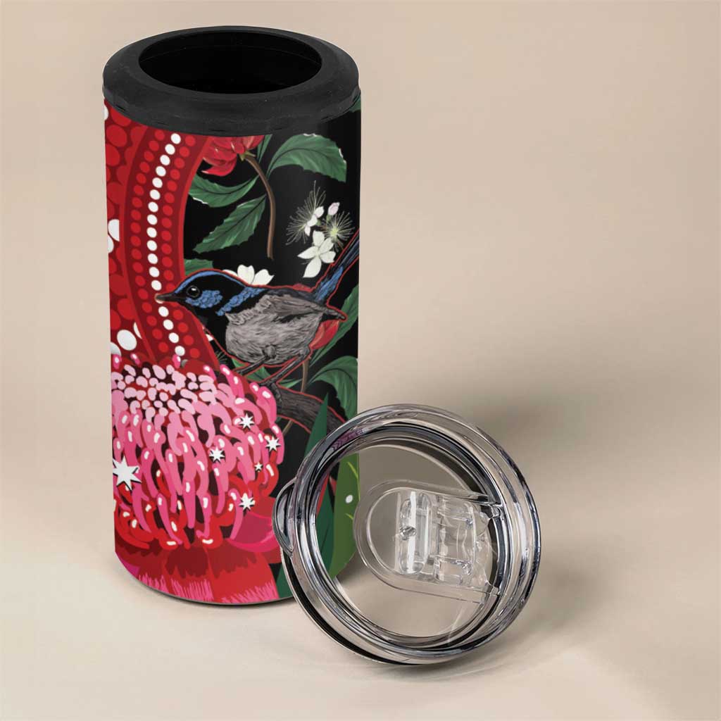 Personalised Australia Waratah With Superb Fairywren 4 in 1 Can Cooler Tumbler Aboriginal Art
