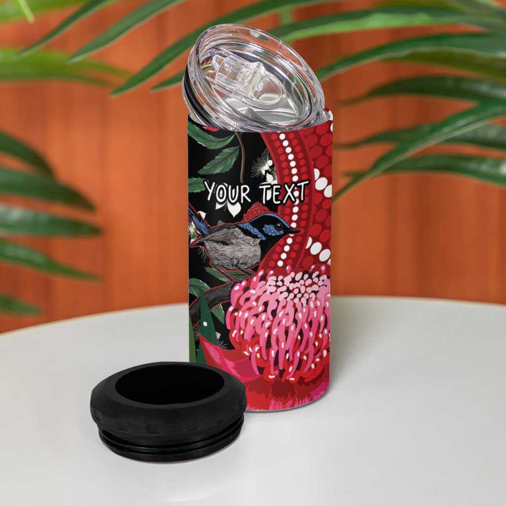 Personalised Australia Waratah With Superb Fairywren 4 in 1 Can Cooler Tumbler Aboriginal Art