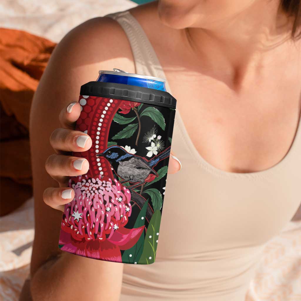 Personalised Australia Waratah With Superb Fairywren 4 in 1 Can Cooler Tumbler Aboriginal Art