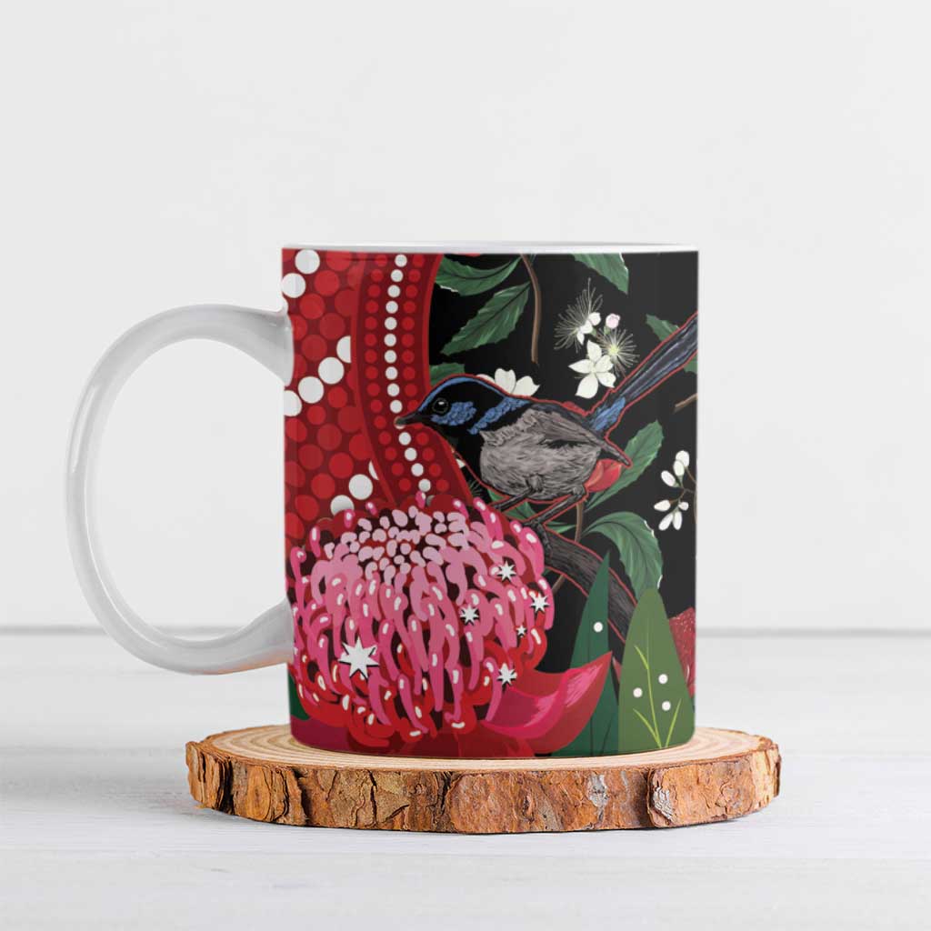 Personalised Australia Waratah And Superb Fairywren Ceramic Mug Aboriginal Art - Aussie Hoodie