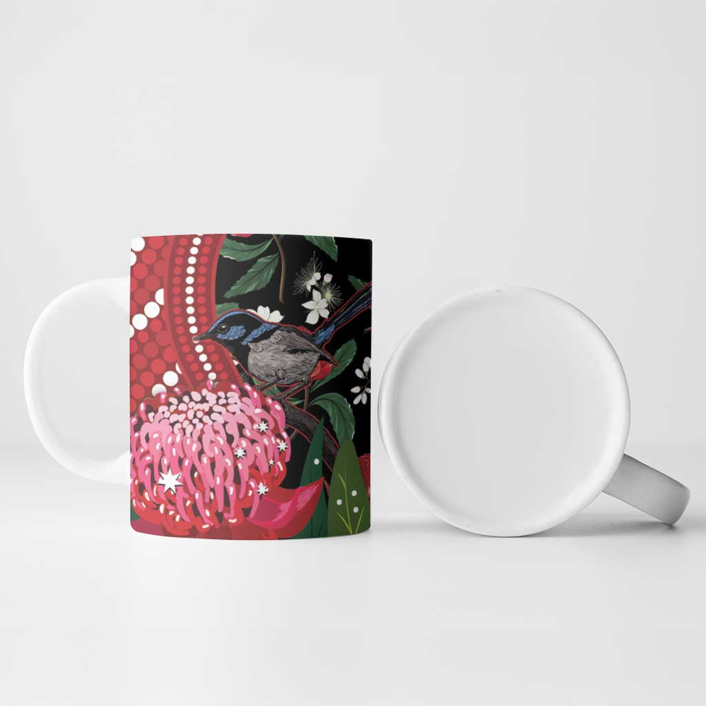 Personalised Australia Waratah And Superb Fairywren Ceramic Mug Aboriginal Art - Aussie Hoodie