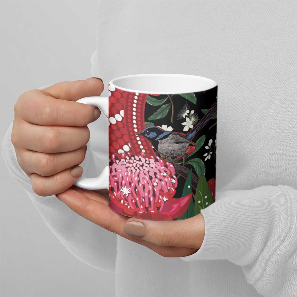 Personalised Australia Waratah And Superb Fairywren Ceramic Mug Aboriginal Art - Aussie Hoodie